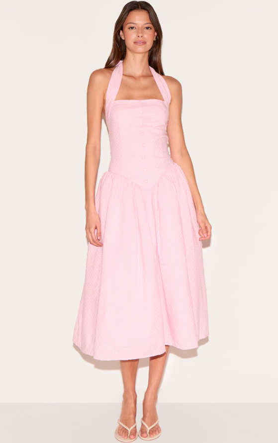 Candy Pink Embroidered Cotton Halterneck Dress