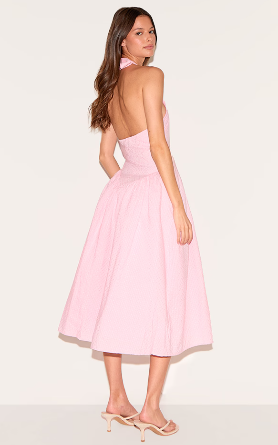 Candy Pink Embroidered Cotton Halterneck Dress