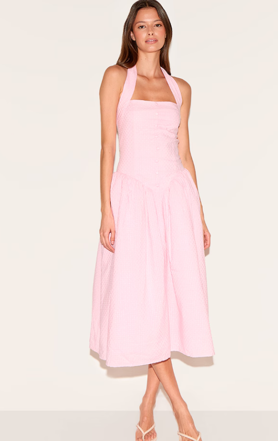 Candy Pink Embroidered Cotton Halterneck Dress